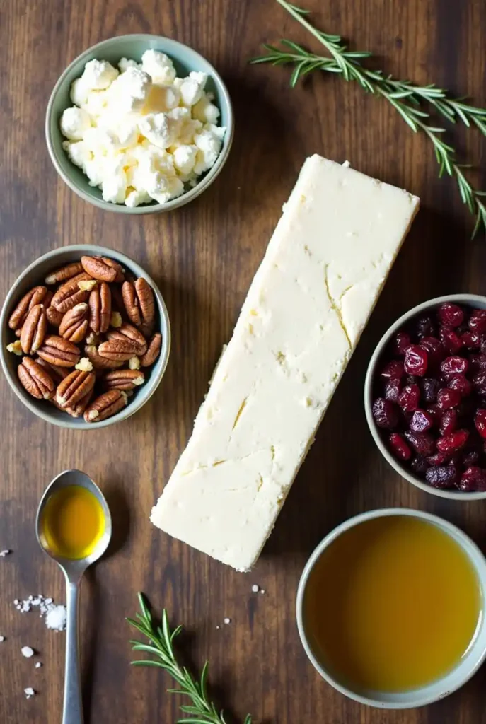 Fresh ingredients for Cranberry Pecan Goat Cheese Truffle Recipe, including goat cheese, chopped pecans, dried cranberries, fresh herbs, and honey.