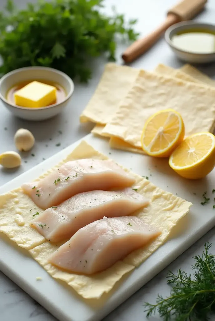 Fresh ingredients for fish wrapped in filo pastry including fish fillets, filo sheets, herbs, lemon, garlic, and melted butter