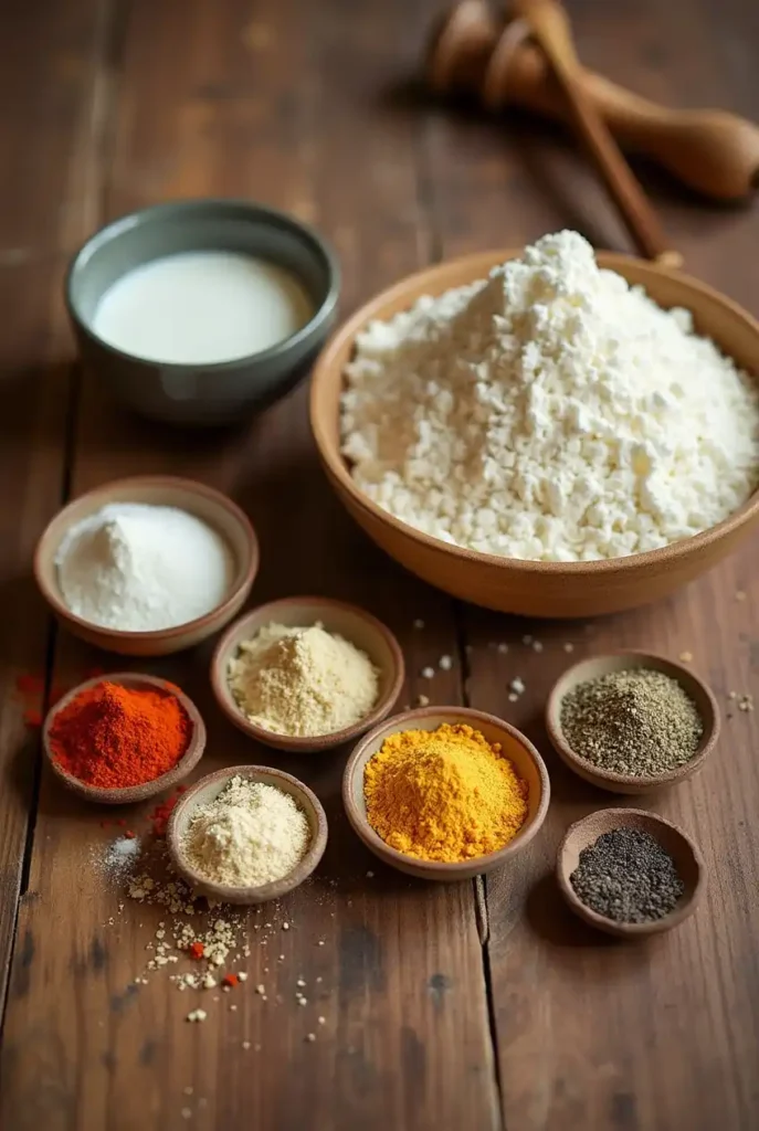 A rustic wooden table with small bowls of paprika, cayenne pepper, garlic powder, onion powder, black pepper, salt, cornmeal, and flour, neatly arranged for a hillbilly fish fry seasoning mix.