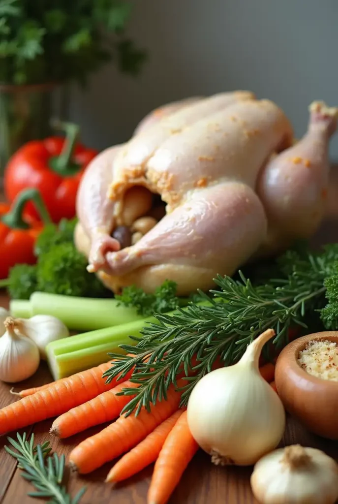 Ingredients for homemade rotisserie chicken including herbs, spices, and a whole chicken