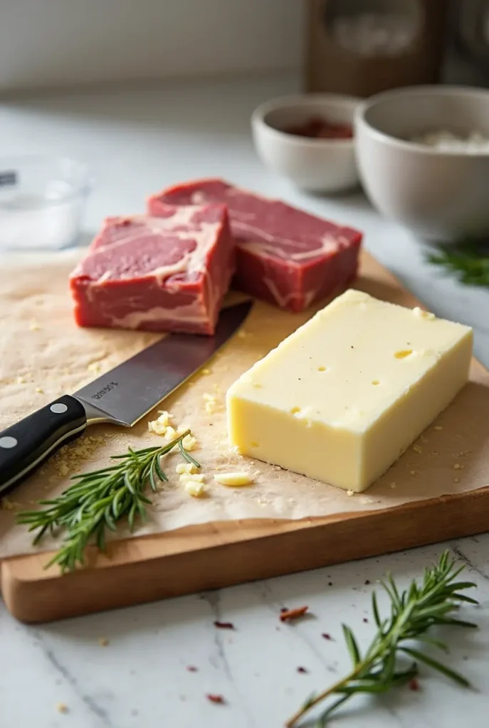 Ingredients for homemade Wagyu Beef Tallow, including Wagyu beef fat, a knife, and a cutting board.