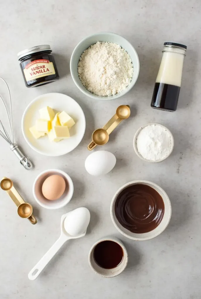 Ingredients for vanilla cake with chocolate ganache: flour, sugar, butter, eggs, chocolate, and cream.