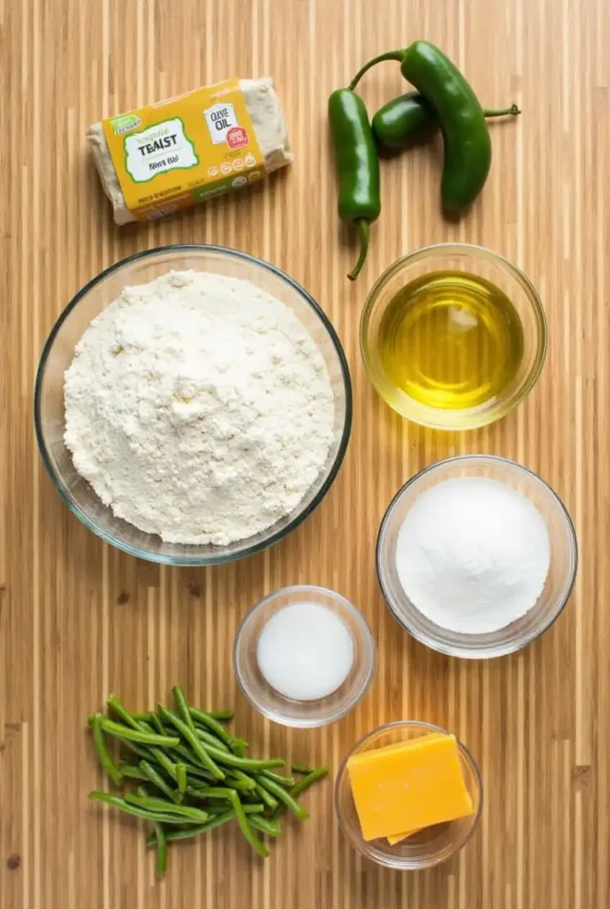 Ingredients for Vegan Jalapeño Cheddar Artisan Bread: flour, vegan cheddar, jalapeños, yeast, olive oil, and other baking essentials.