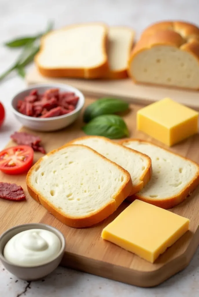 Ingredients for a grilled cheese sandwich: slices of bread, cheddar cheese, butter, and mayonnaise.