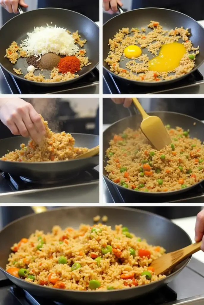 Step-by-step instructions for making authentic Anjappar egg fried rice in a wok.