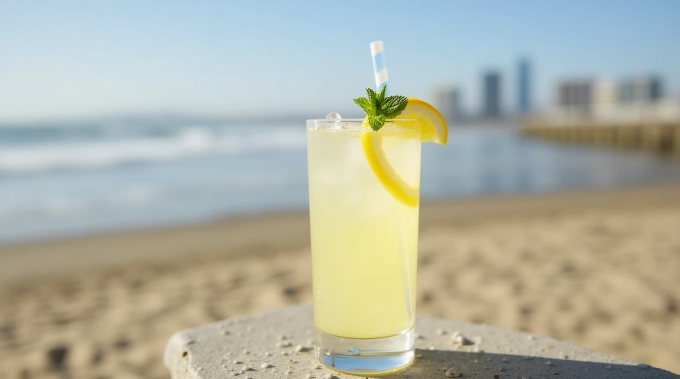 A refreshing Lemon San Diego Cocktail served in a chilled glass, garnished with a lemon twist, set against a wooden bar counter.