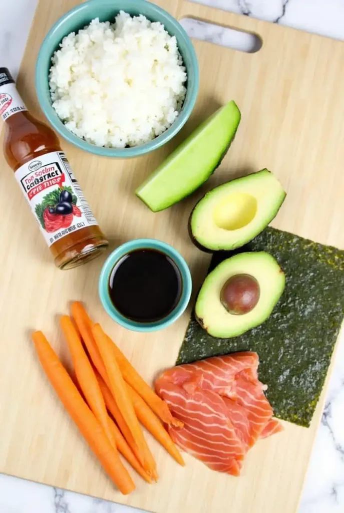 Ingredients for Low Sodium Sushi: fresh fish, vegetables, and low-sodium soy sauce.