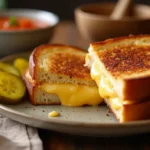 Golden brown grilled cheese sandwich with melted cheese oozing out, served with a side of tomato soup.