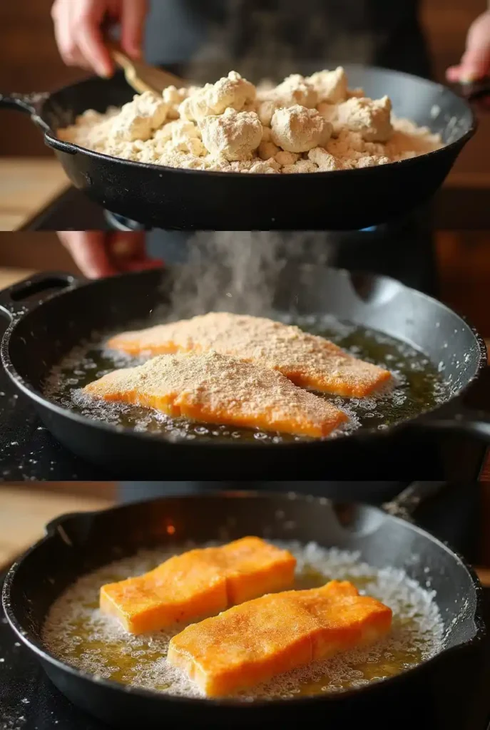 A step-by-step process of coating fish fillets in seasoned flour, dipping in buttermilk, and frying to golden perfection in a cast-iron skillet with bubbling oil.