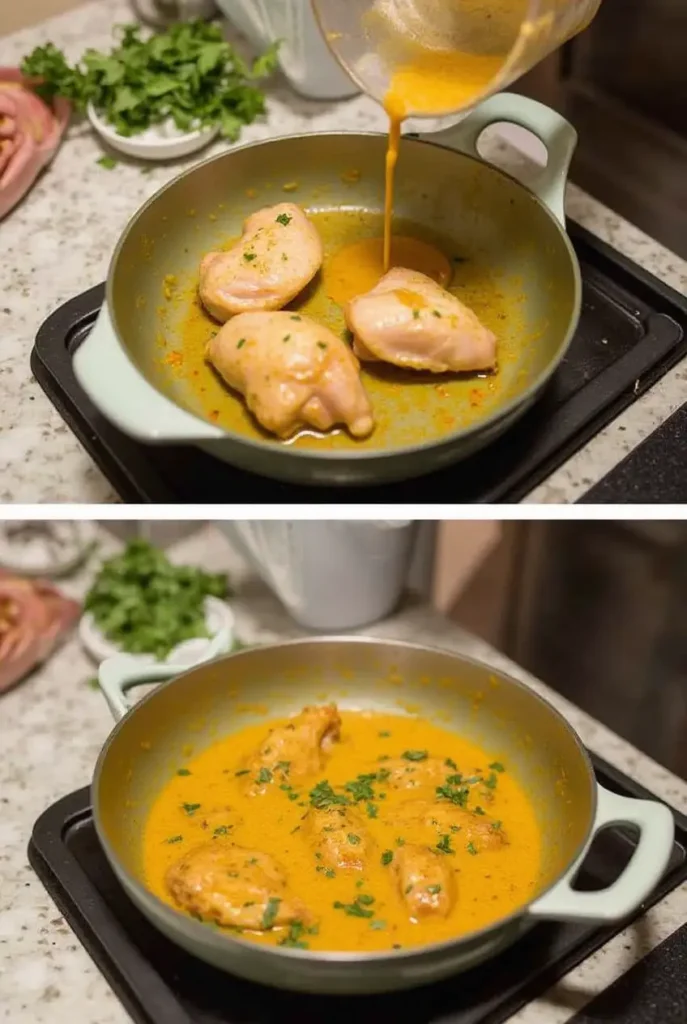 Step-by-step instructions for cooking Churu Chicken Amarillo, showing sautéing ingredients and simmering the sauce.