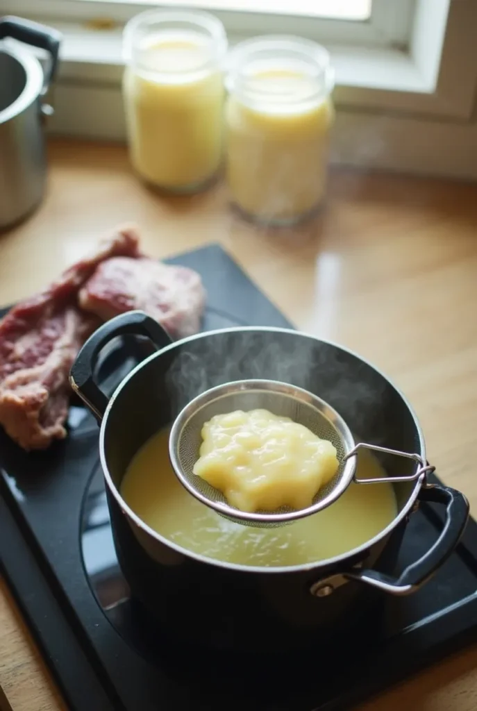 Step-by-step process of making homemade Wagyu Beef Tallow, with beef fat being rendered in a pot.