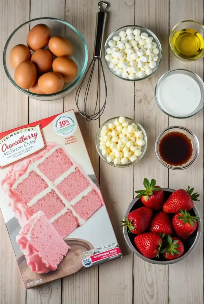 A flat lay of ingredients for Strawberry Earthquake Cake, including strawberry cake mix, cream cheese, butter, white chocolate chips, and fresh strawberries.