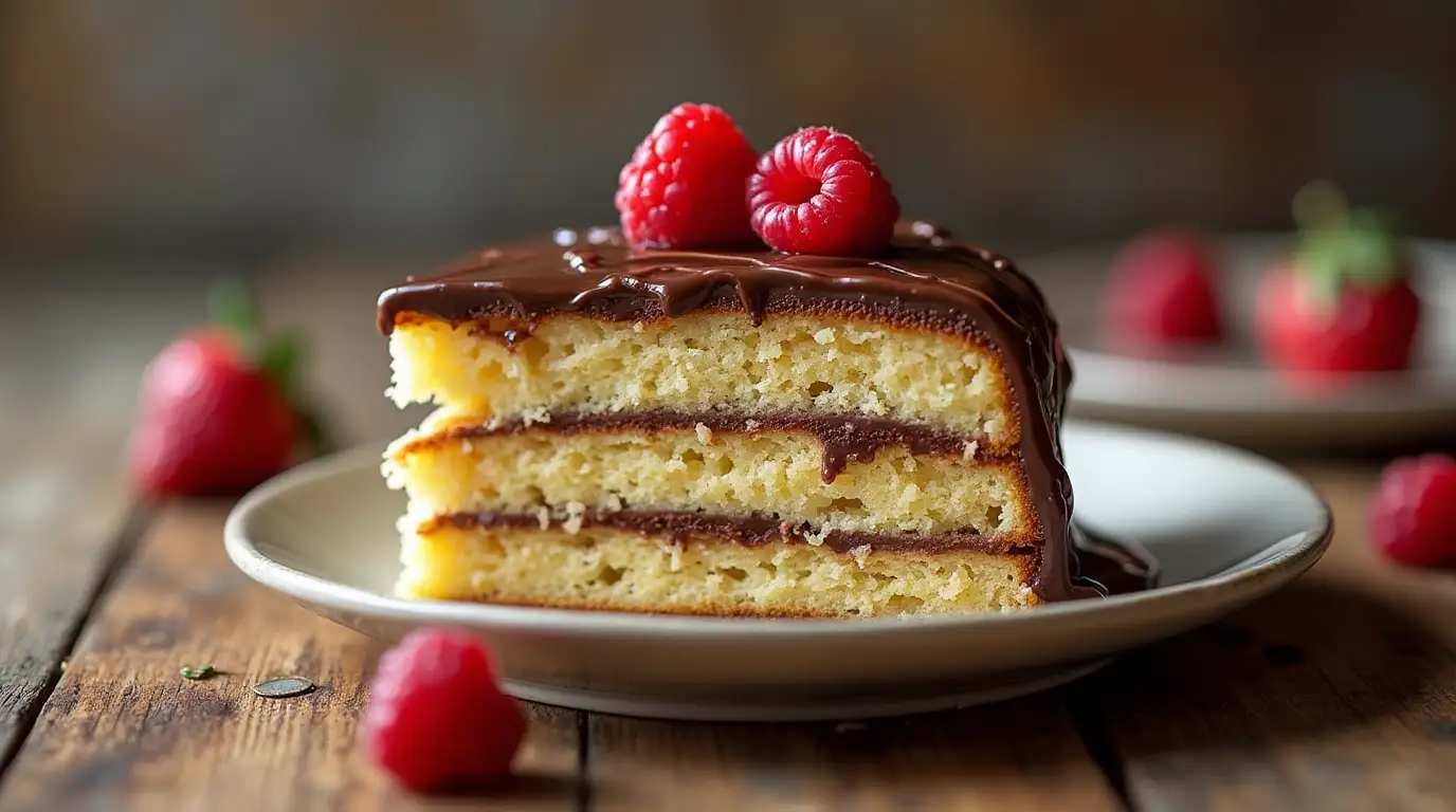 Delicious vanilla cake topped with smooth chocolate ganache, garnished with fresh berries.
