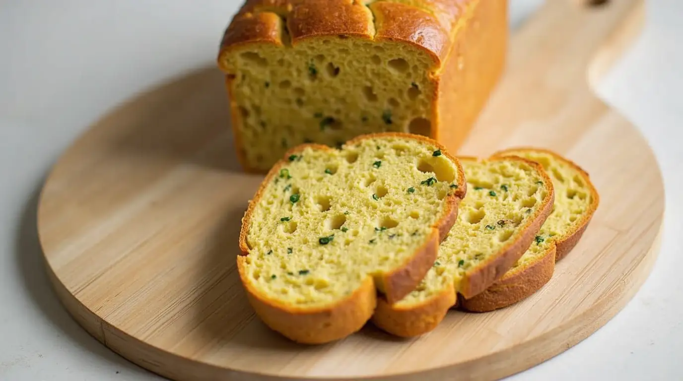 Vegan Jalapeño Cheddar Artisan Bread with a golden crust and sliced showing jalapeño and vegan cheddar inside.