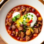 A steaming bowl of Venison Chili, topped with fresh herbs and served with crusty bread.