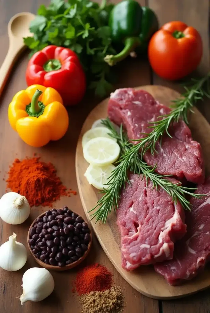 Fresh ingredients for Venison Chili Recipe, including venison meat, beans, vegetables, and spices.