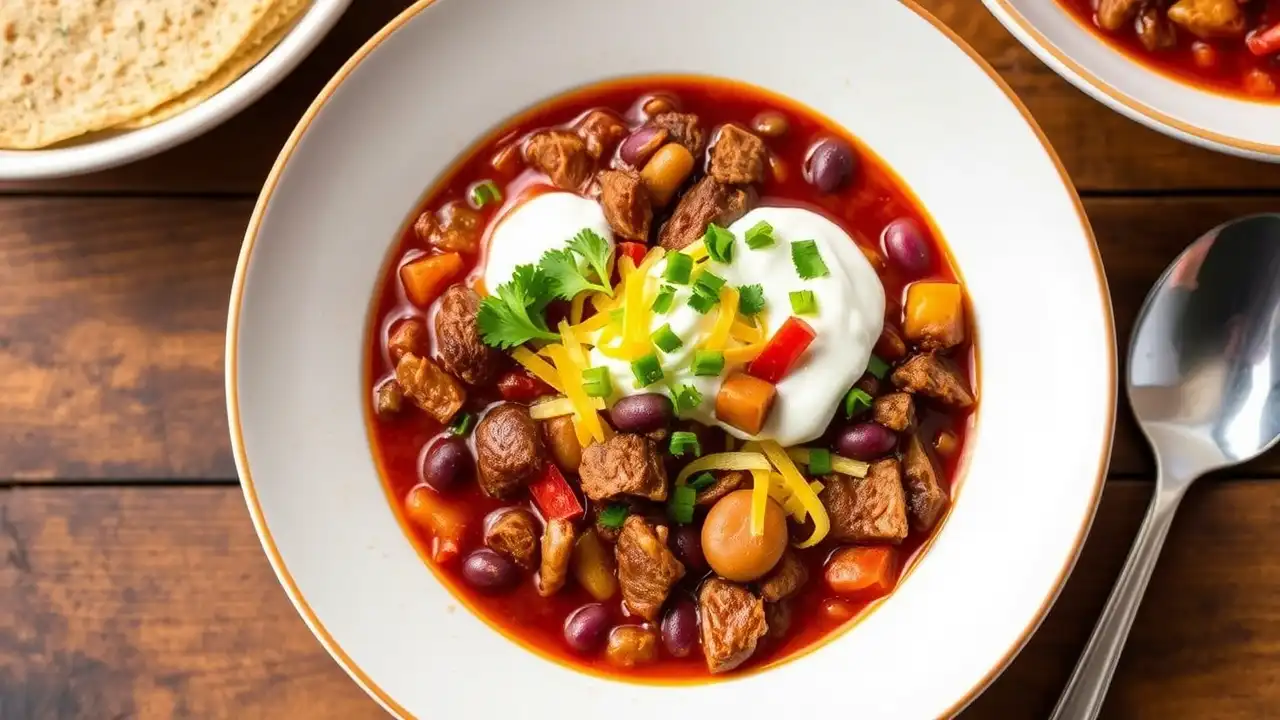 A steaming bowl of Venison Chili, topped with fresh herbs and served with crusty bread.