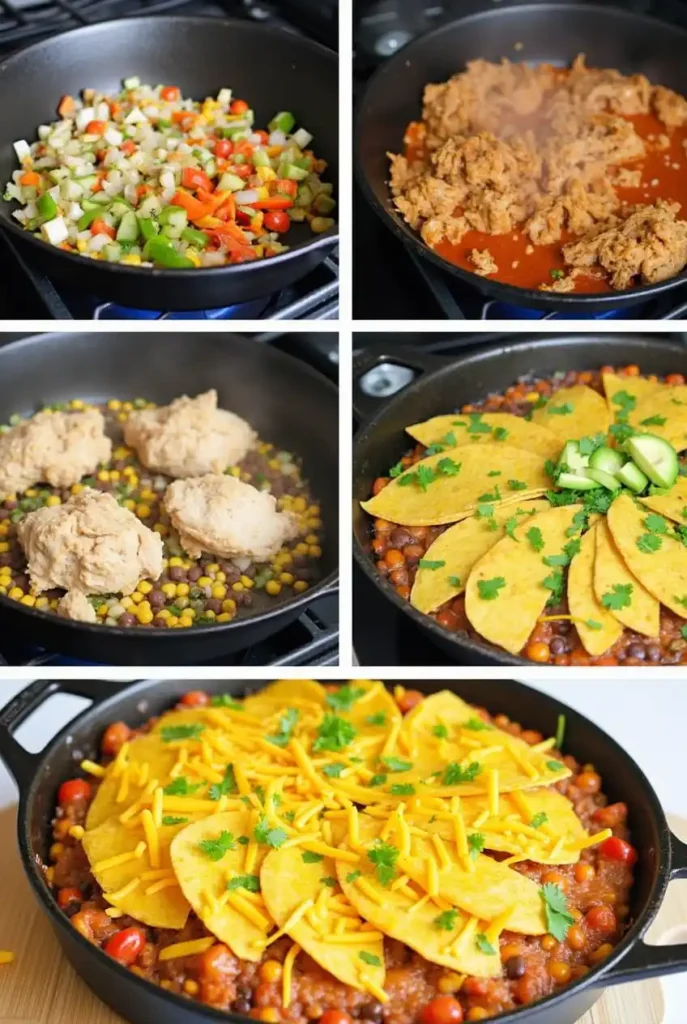 A step-by-step visual of preparing a One-Pan Chicken Enchilada Skillet, showcasing sautéed onions and garlic in a cast iron skillet, followed by adding shredded rotisserie chicken, black beans, corn, and enchilada sauce, topped with shredded cheese and baked to bubbly perfection.