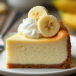 A rich and creamy banana cream cheesecake with a golden graham cracker crust, topped with fresh banana slices, whipped cream, and a drizzle of caramel sauce.