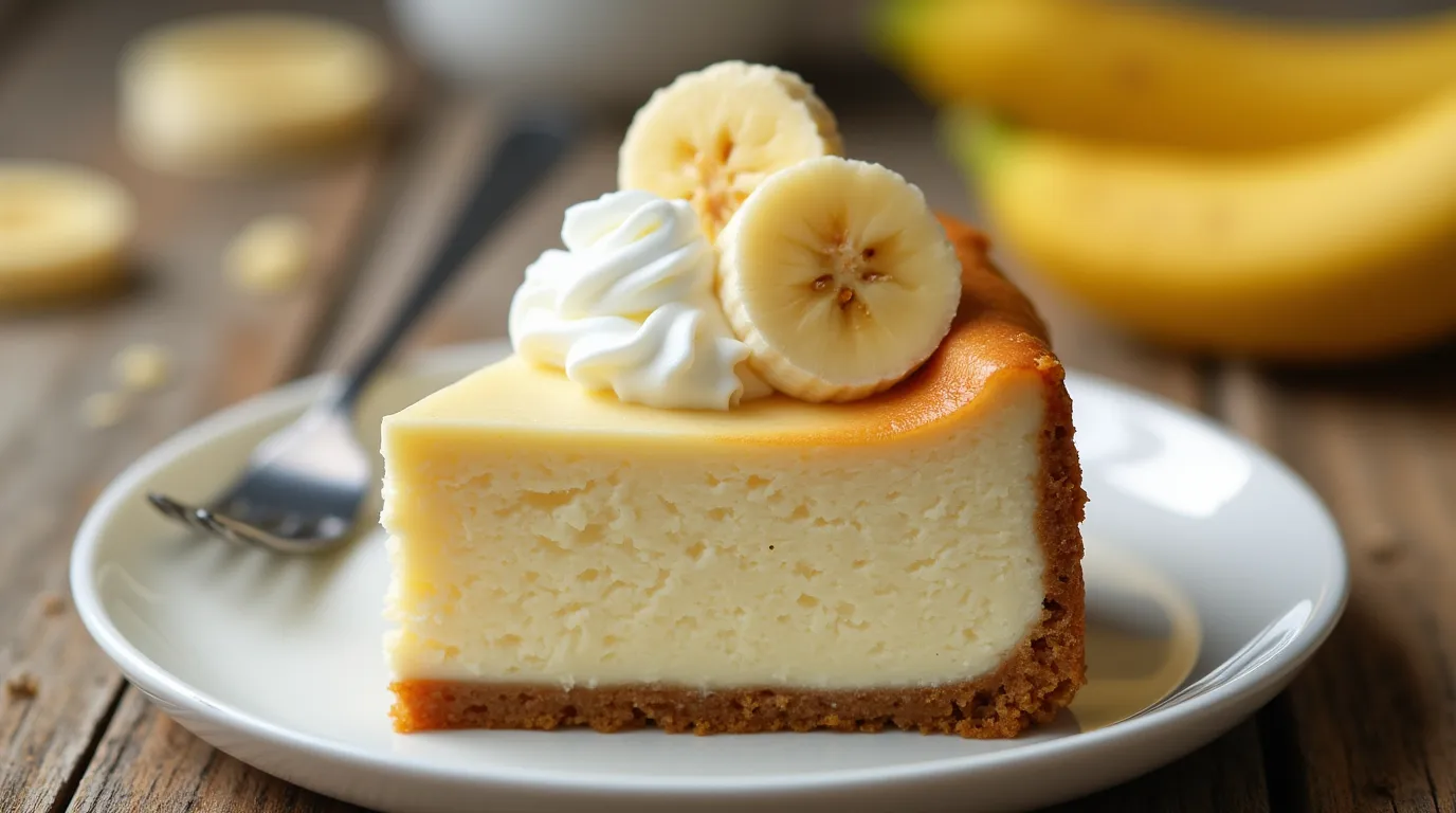 A rich and creamy banana cream cheesecake with a golden graham cracker crust, topped with fresh banana slices, whipped cream, and a drizzle of caramel sauce.