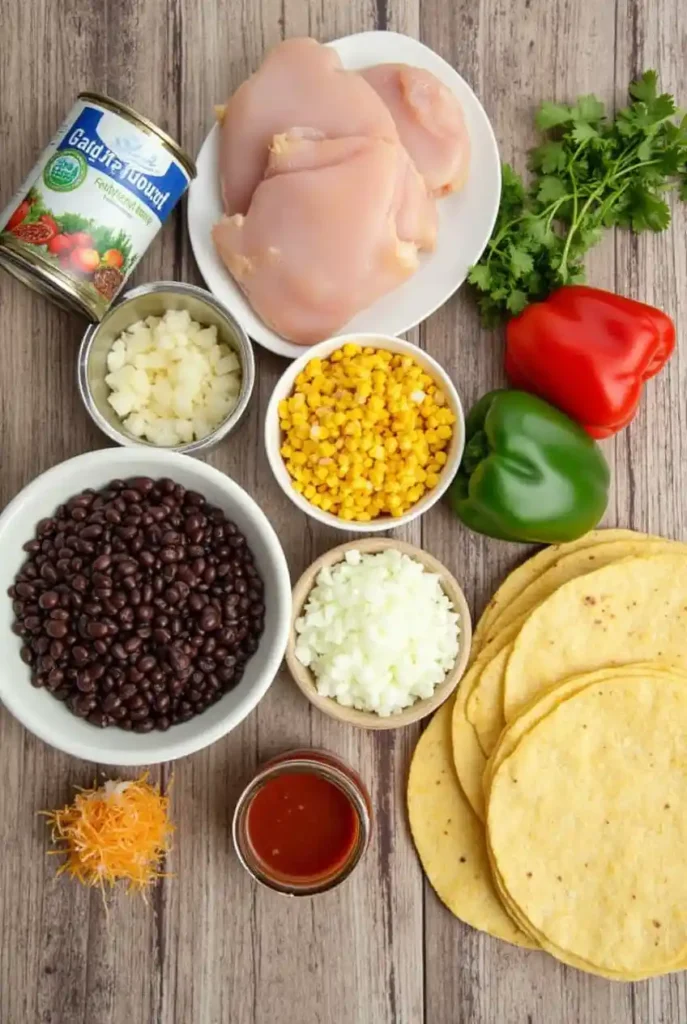 A collection of fresh ingredients laid out on a wooden countertop, including shredded rotisserie chicken, black beans, corn, diced onions, bell peppers, garlic, enchilada sauce, and shredded cheese, ready to be combined in a skillet.