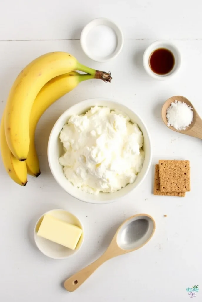 A beautifully arranged display of ingredients for Banana Cream Cheesecake, including ripe bananas, cream cheese, graham crackers, heavy cream, sugar, vanilla extract, eggs, and caramel drizzle.