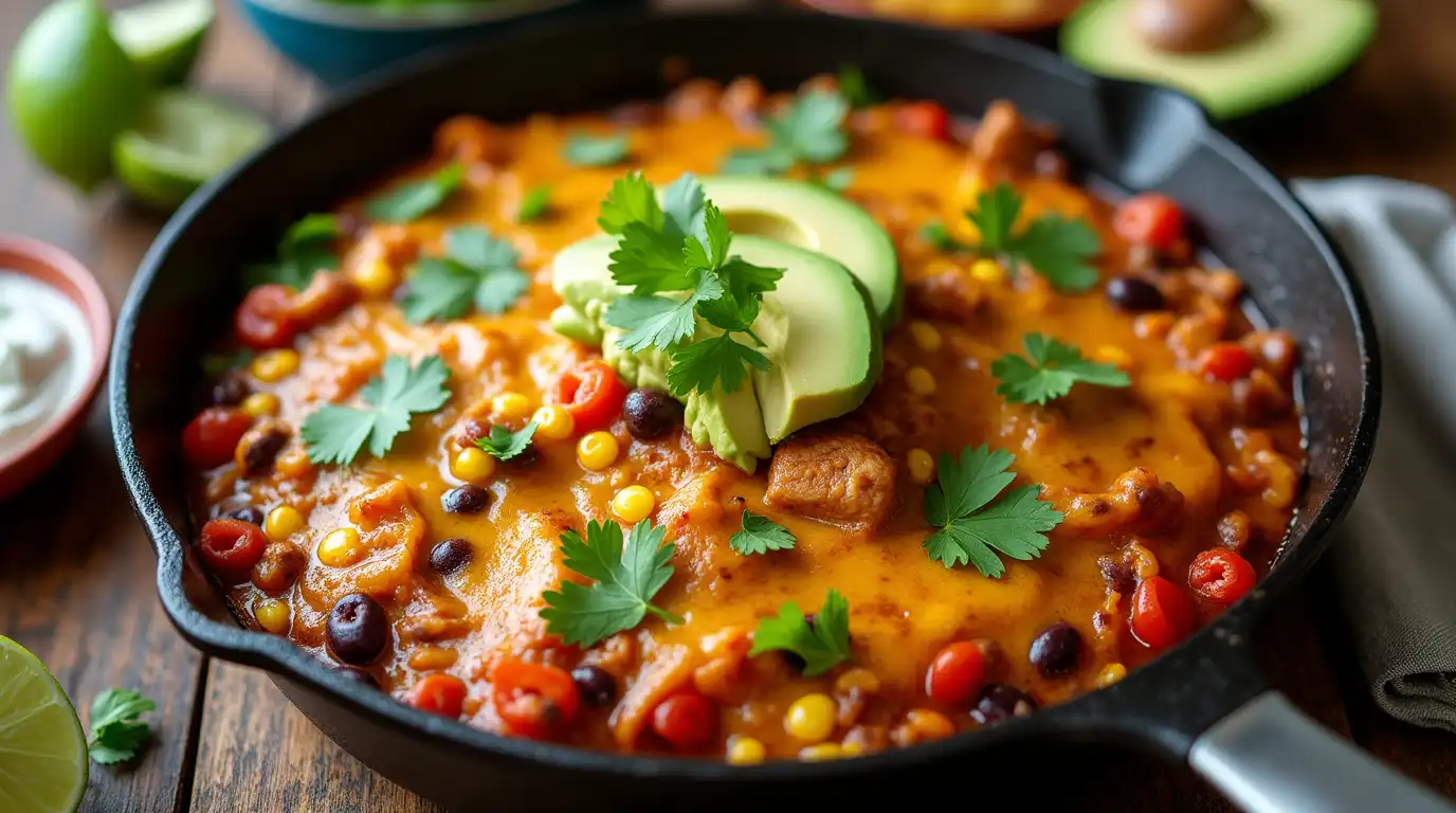 A sizzling skillet filled with a vibrant chicken enchilada mixture, topped with melted cheese and garnished with fresh cilantro.A sizzling skillet filled with a vibrant chicken enchilada mixture, topped with melted cheese and garnished with fresh cilantro.