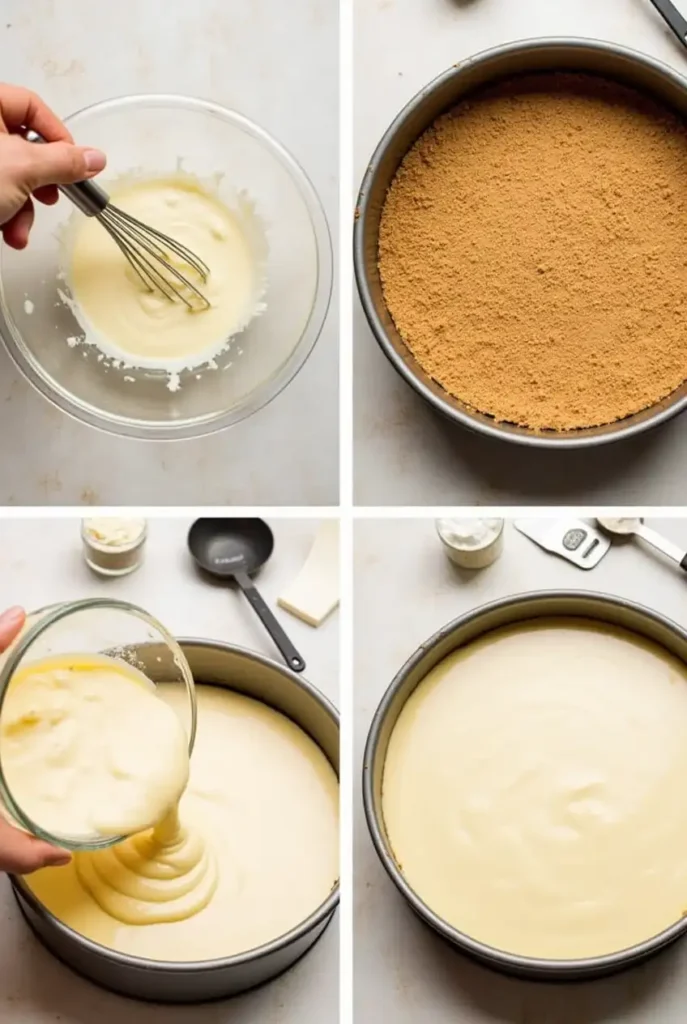 A step-by-step collage showing the process of making Banana Cream Cheesecake, including preparing the graham cracker crust, mixing the creamy banana cheesecake filling, baking to perfection, and topping with whipped cream and fresh banana slices.