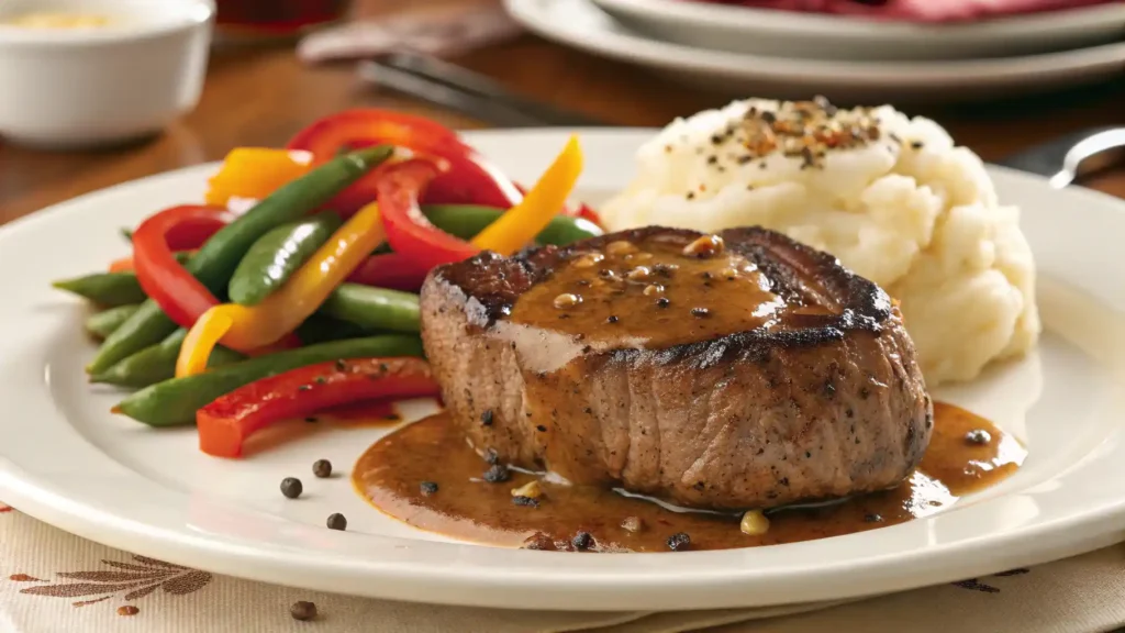 Pepper steak served with rich brown gravy, sautéed onions, and bell peppers on a white plate
