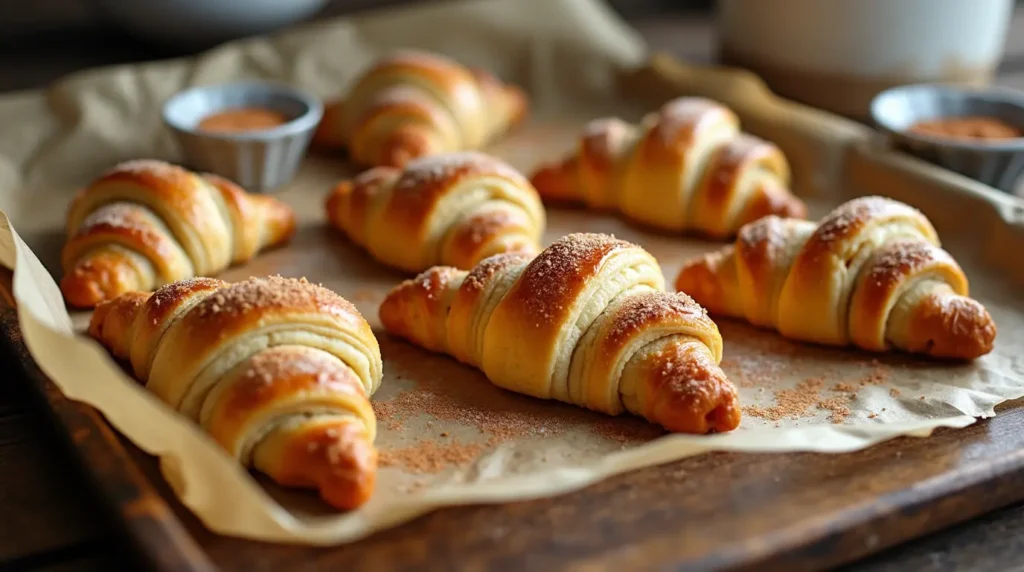 Golden-brown cinnamon crescent twists drizzled with vanilla glaze on a white plate.