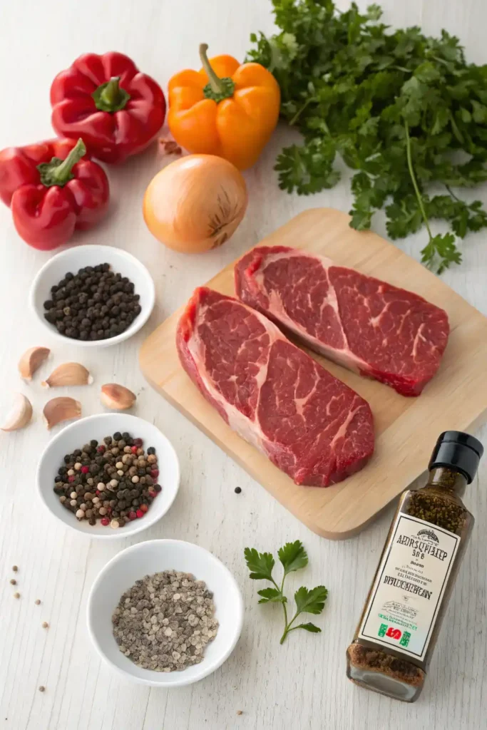 Raw ingredients for pepper steak recipe including sliced beef, bell peppers, onions, soy sauce, and seasonings arranged on a kitchen counter