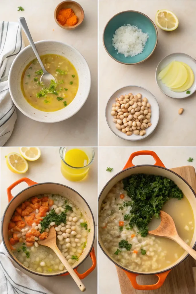 Step-by-step cooking process of creamy lemon white bean and rice soup in a large pot with kale, rice, and white beans simmering