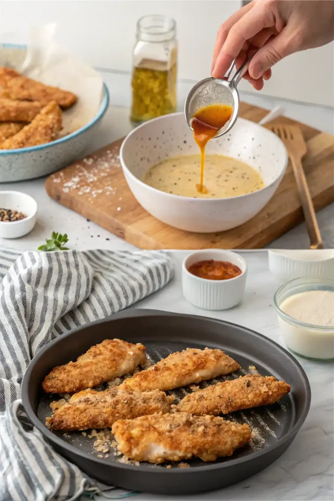 Step-by-step cooking process showing breading, frying chicken tenders, and drizzling with spicy honey sauce.