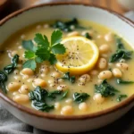 Creamy lemon white bean and rice soup served in a white bowl, garnished with fresh herbs and lemon zest