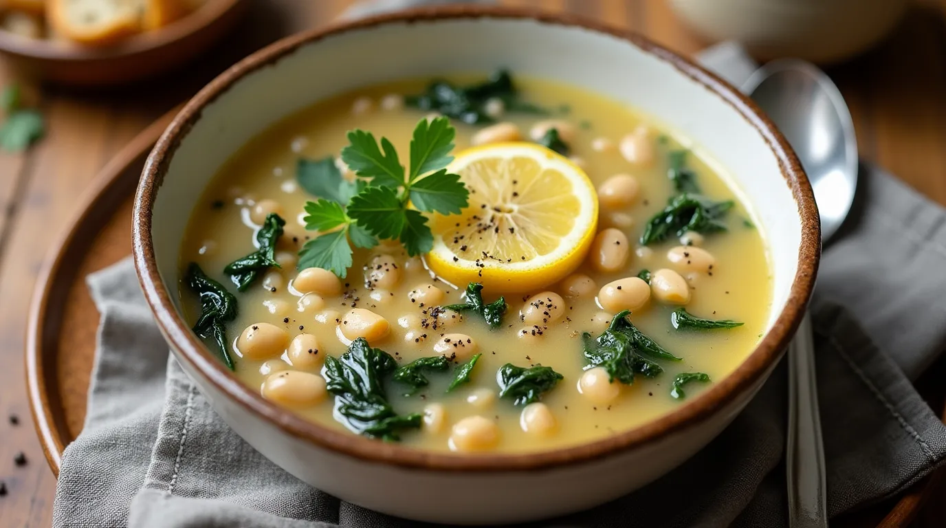 Creamy lemon white bean and rice soup served in a white bowl, garnished with fresh herbs and lemon zest