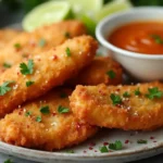 Crispy chicken tenders drizzled with spicy whipped honey sauce on a rustic plate.