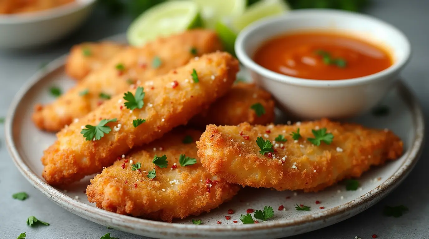 Crispy chicken tenders drizzled with spicy whipped honey sauce on a rustic plate.
