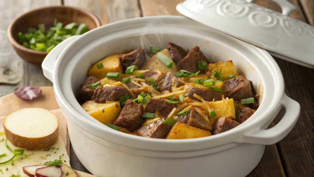 Slow-cooked steak and potato bake in a crockpot topped with melted cheddar cheese and green onions.