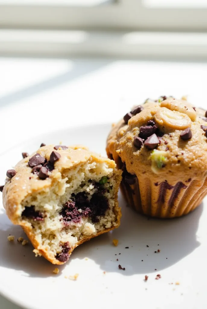 Freshly baked zucchini muffins with chocolate chips in paper liners on a cooling rack