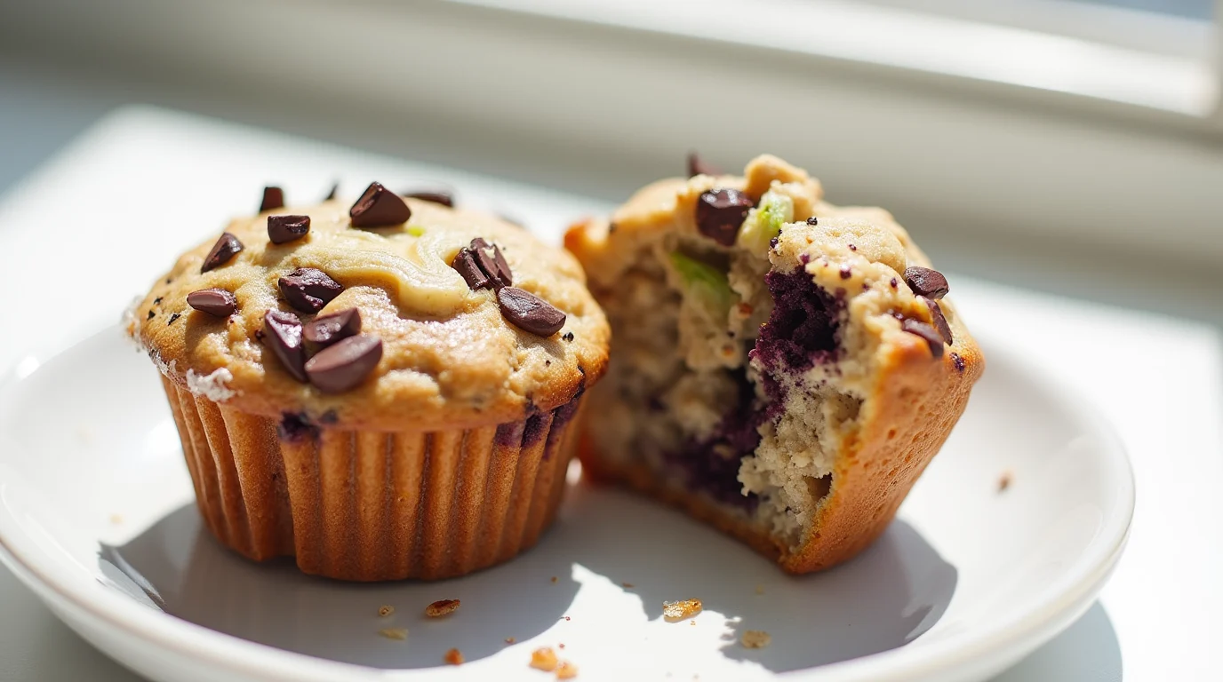 Freshly baked zucchini muffins with chocolate chips in paper liners on a cooling rack