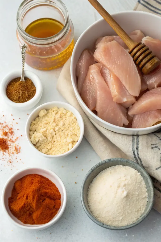 Raw chicken tenders, buttermilk, spices, and honey arranged on a kitchen counter.