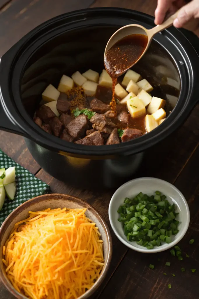 Step-by-step process of making Crockpot loaded steak and potato bake, showing steak and potatoes layered in a slow cooker, topped with cheese, and garnished before serving.