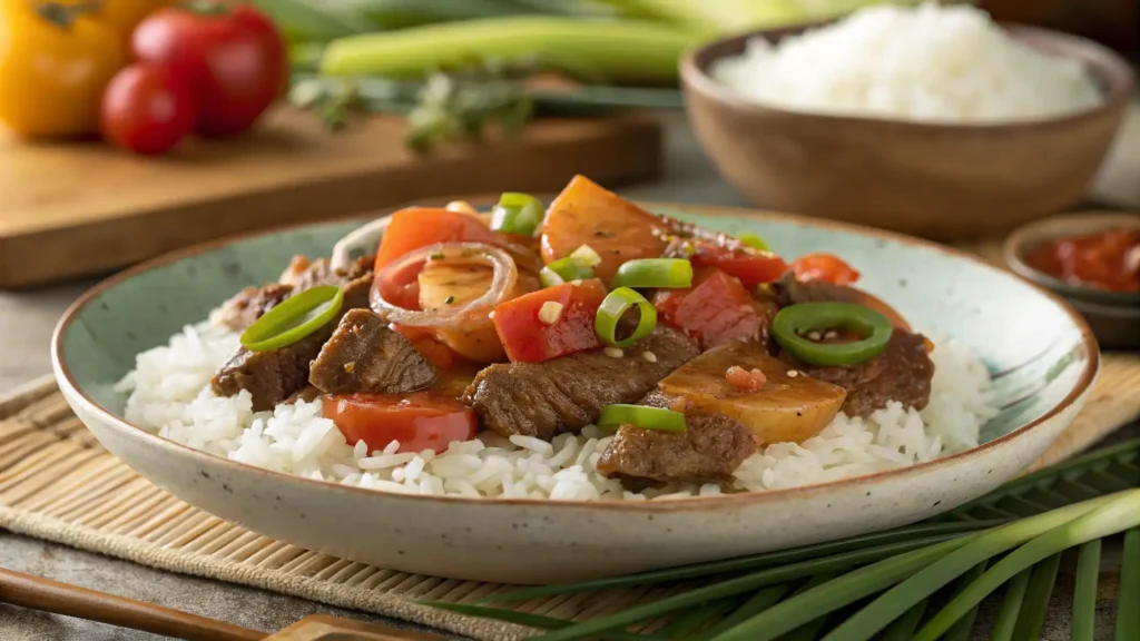 A plate of Hawaiian local beef tomato served over white rice with tender beef slices, juicy tomato wedges, sautéed onions, and bell peppers in a savory stir-fry sauce.