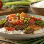 A plate of Hawaiian local beef tomato served over white rice with tender beef slices, juicy tomato wedges, sautéed onions, and bell peppers in a savory stir-fry sauce.