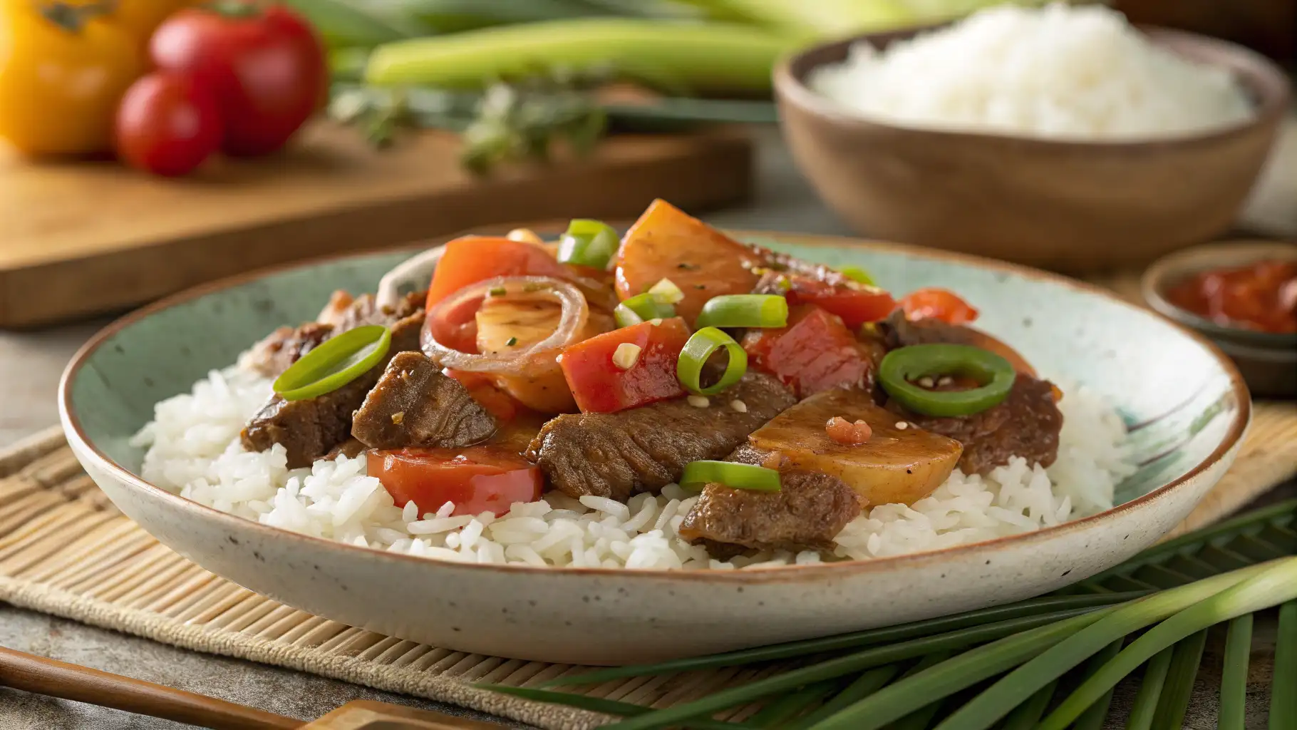 A plate of Hawaiian local beef tomato served over white rice with tender beef slices, juicy tomato wedges, sautéed onions, and bell peppers in a savory stir-fry sauce.