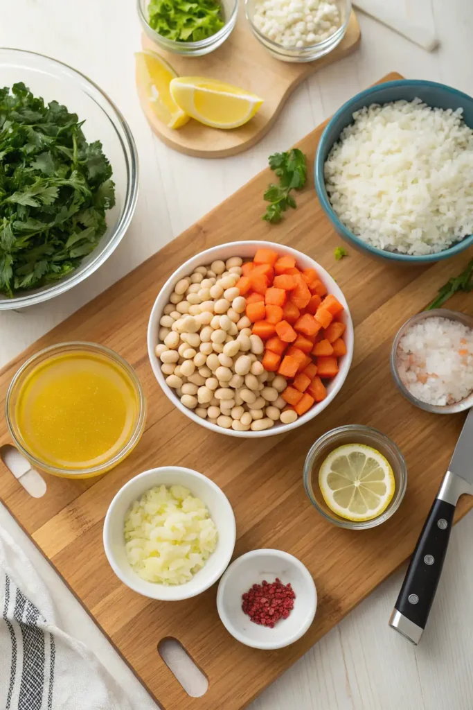 Flat lay of ingredients for creamy lemon white bean and rice soup, including white beans, rice, lemon, kale, garlic, onions, and vegetable broth