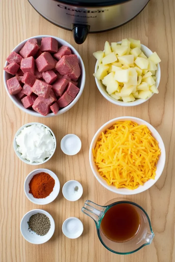 Raw ingredients for Crockpot loaded steak and potato bake, including cubed sirloin steak, diced russet potatoes, shredded cheddar cheese, sour cream, chopped onion, beef broth, Worcestershire sauce, and seasonings.