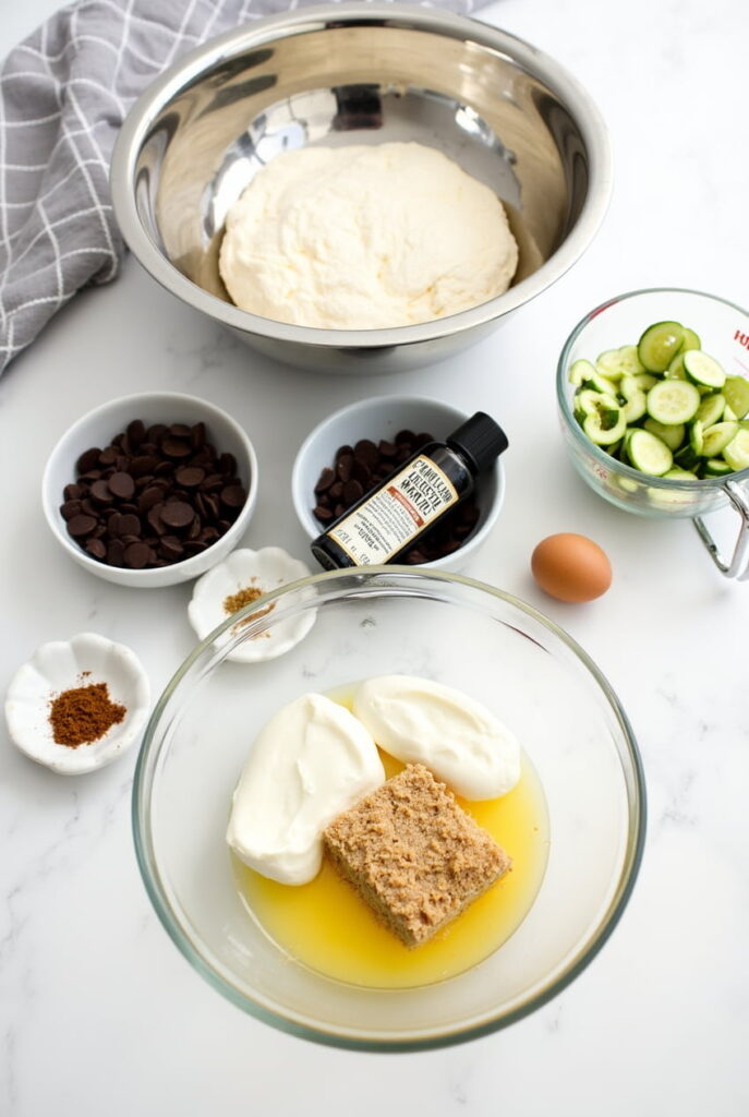 Ingredients for zucchini muffins with chocolate chips arranged on a wooden kitchen counter