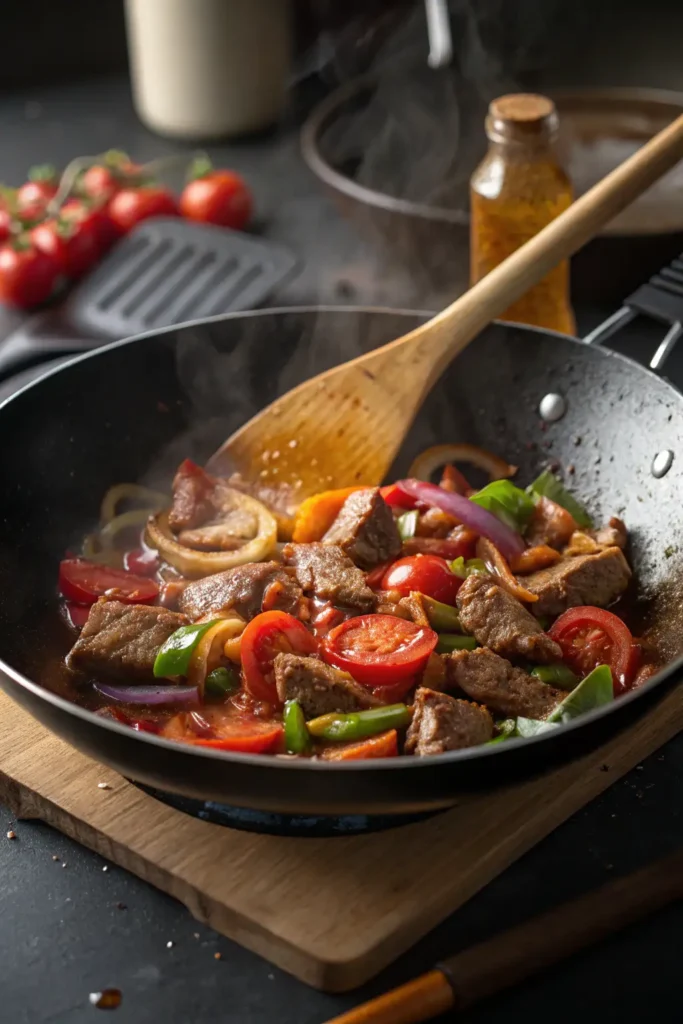 Stir-frying beef, tomatoes, onions, and bell peppers in a wok for Hawaiian local beef tomato, with steam rising and glossy sauce coating the ingredients.
