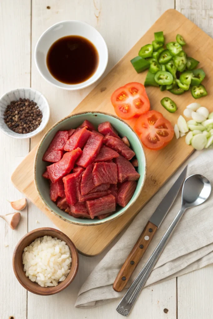 Flat lay of ingredients for Hawaiian local beef tomato, including sliced beef, beefsteak tomatoes, onions, bell peppers, garlic, soy sauce, oyster sauce, shoyu, and cornstarch.